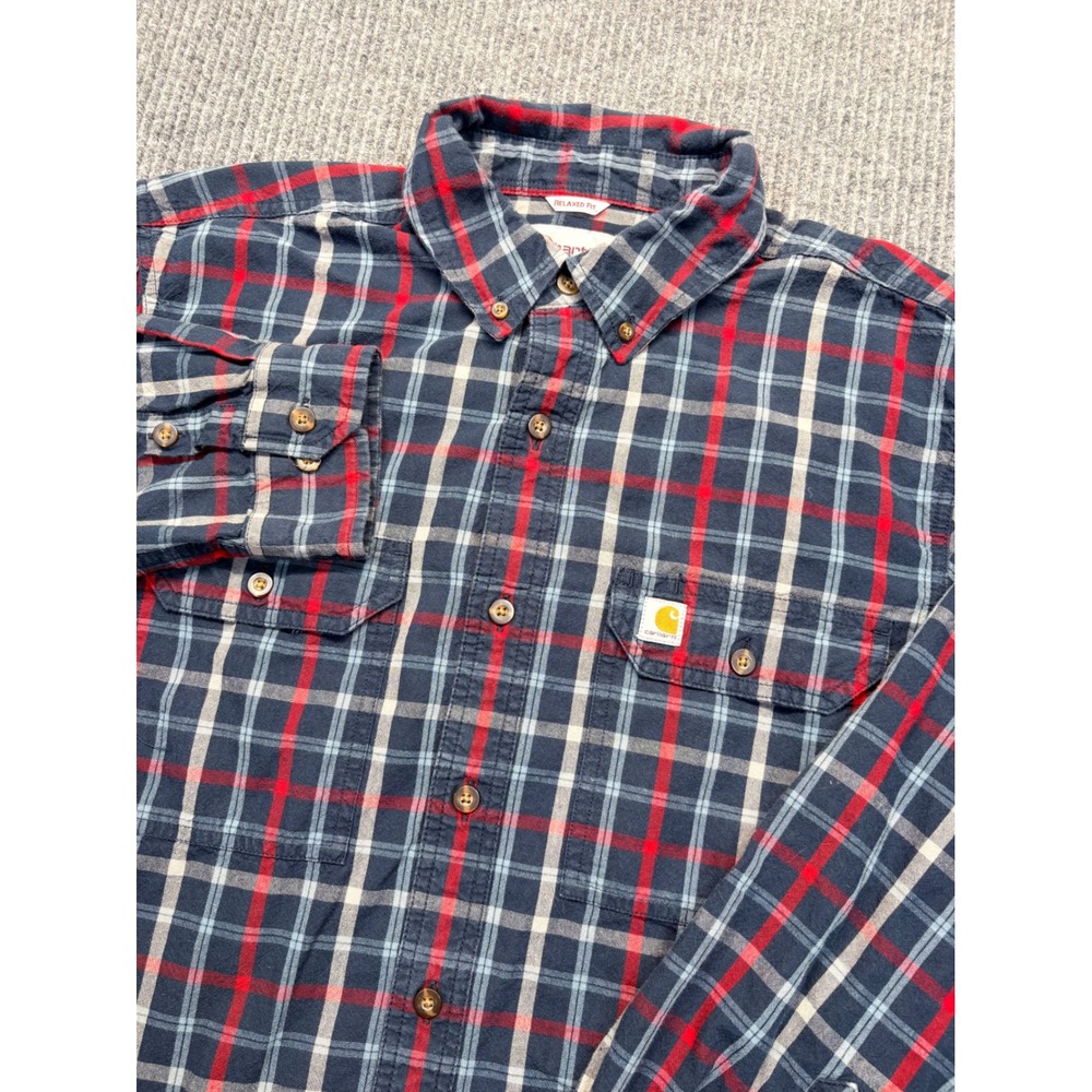 Carhartt Mens Relaxed Fit Plaid Button Down Shirt Navy Red L 102816 412